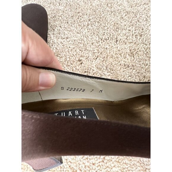 Stuart Weitzman Choc Brown Fabric Round Square Toe Curved Block Heel Pumps. 7M - Picture 9 of 11